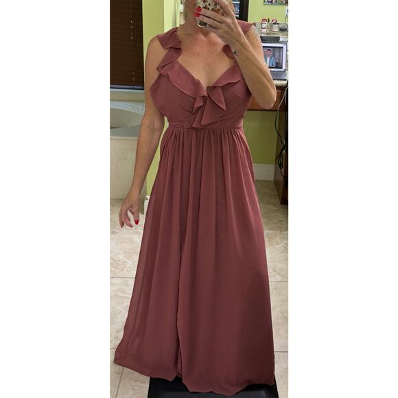 Revelry bridesmaid 2 mauve dusty rose maxi formal dress v neck chiffon flutter - Picture 3 of 11
